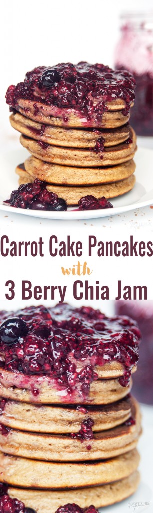 Carrot Cake Pancakes with 3 Berry Chia Jam - this simple and easy gluten free and grain free pancake recipe is the ultimate breakfast (or brunch). Made with Epicure products, this is a new favorite recipe! thebewitchinkitchen.com