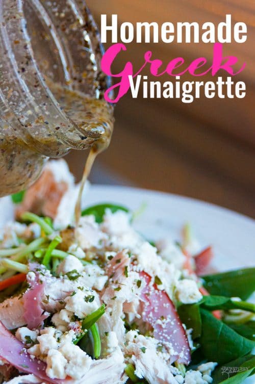 Homemade Greek Vinaigrette. This homemade salad dressing is delicious over salads, as a marinade and on a greek pizza! This healthy recipe packs a clean eating punch! | thebewitchinkitchen.com