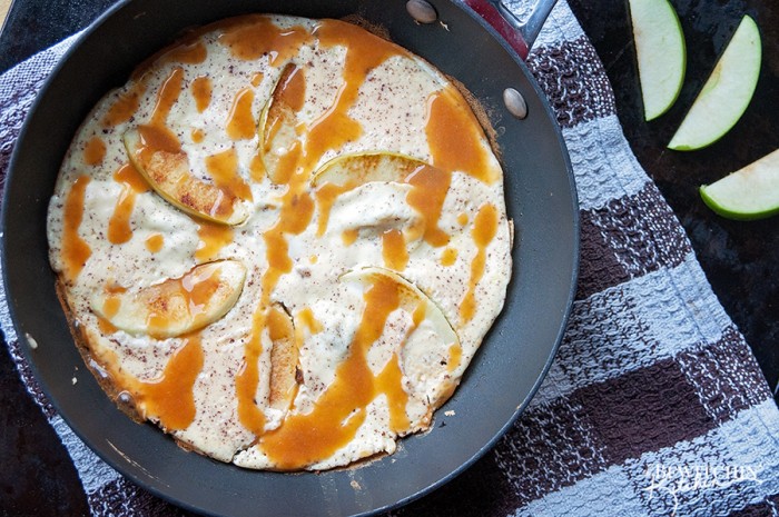 This dessert frittata is not your typical egg recipe. Made with apples, cinnamon and a caramel sauce this high protein breakfast recipe is a great way to start your day. Save this under your healthy meal ideas.