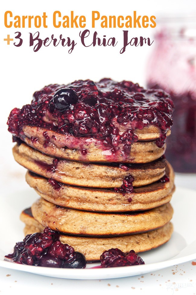 Carrot Cake Pancakes with 3 Berry Chia Jam - this simple and easy gluten free and grain free pancake recipe is the ultimate breakfast (or brunch). Made with Epicure products, this is a new favorite recipe! thebewitchinkitchen.com