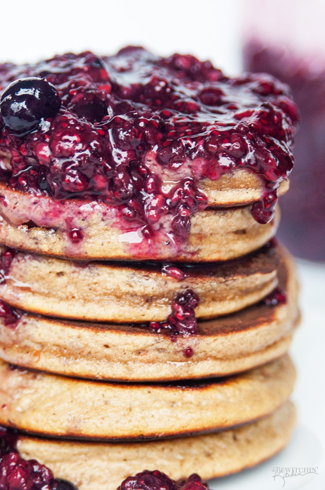 Carrot Cake Pancakes with 3 Berry Chia Jam - this simple and easy gluten free and grain free pancake recipe is the ultimate breakfast (or brunch). Made with Epicure products, this is a new favorite recipe! thebewitchinkitchen.com