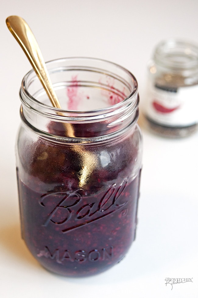 Three Berry Chia Jam. It's so easy to make! Toss frozen berries in the microwave, add Epicure's Chia Jam Mix and let set. You have a yummy and healthy jam recipe in under 20 minutes! | thebewitchinkitchen.com 