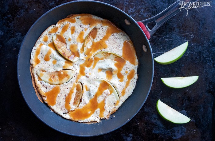 This dessert frittata is not your typical egg recipe. Made with apples, cinnamon and a caramel sauce this high protein breakfast recipe is a great way to start your day. Save this under your healthy meal ideas.
