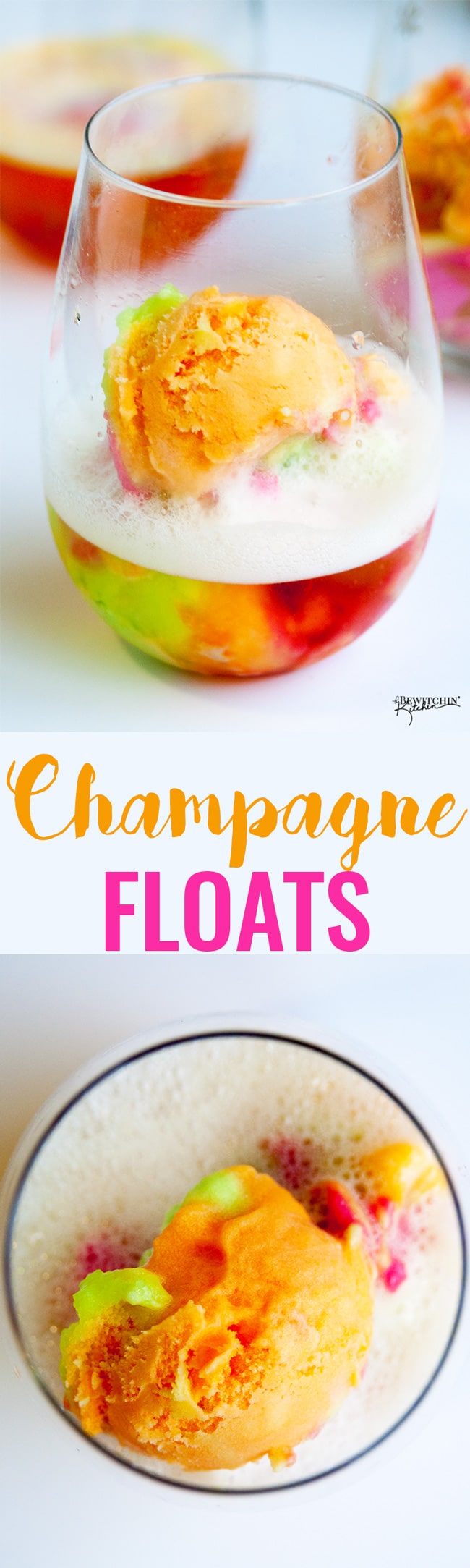Champagne floats - this boozy dessert is a hit a for summer bbqs, brunches and New Years Eve parties. Sparkling wine and sherbert makes a delicious combination in this adult float. | thebewitchinkitchen.com