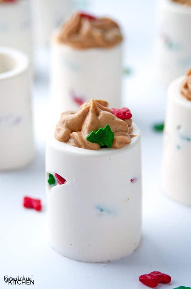 Chocolate Shot Glass with a Gingerbread Cheesecake Filling, these may be the coolest things I have ever made and they're such an easy no bake dessert too! | thebewitchinkitchen.com