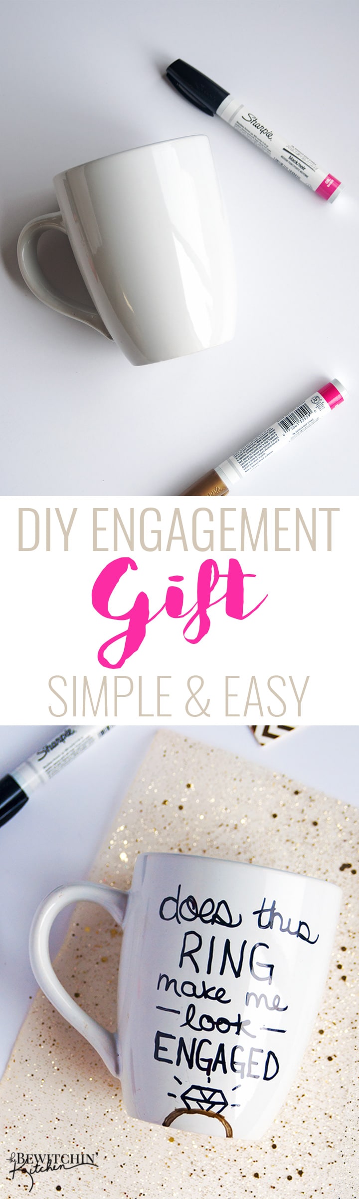 A simple and frugal DIY Engagement Gift idea! I love how easy this sharpie mug is plus the homemade gift comes from the heart. | thebewitchinkitchen.com