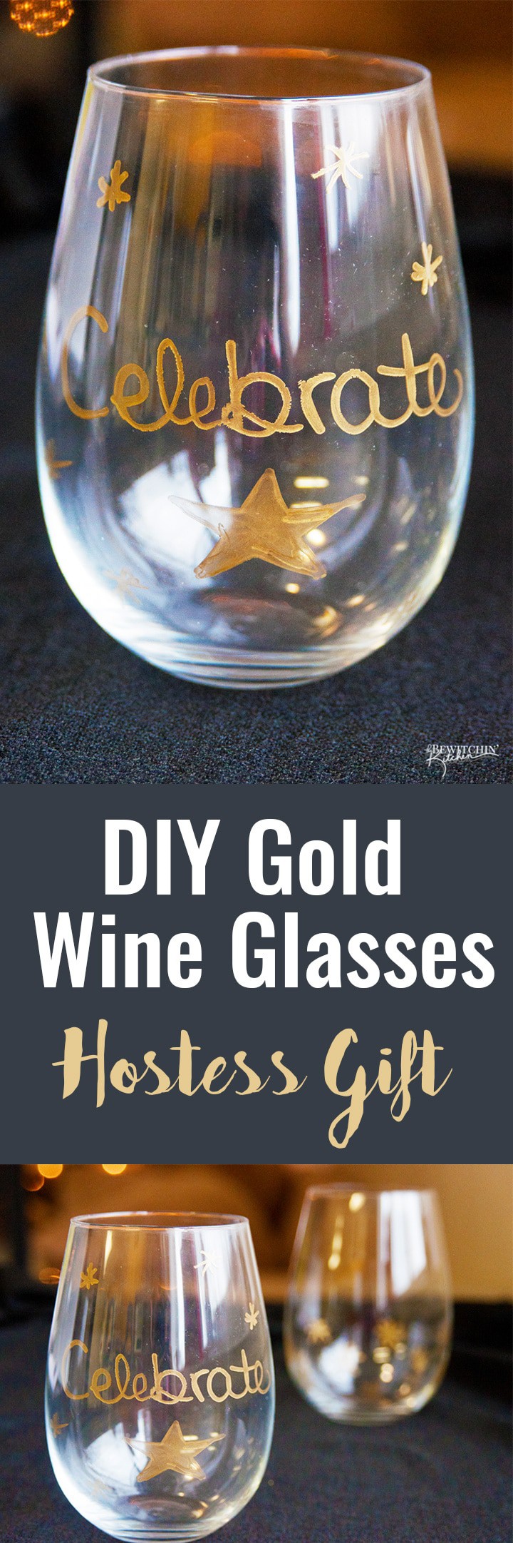 These DIY Gold Wine Glasses are a simple and easy craft. They make a great host or hostess gift and are perfect for sipping wine during the Christmas holidays and new years. | thebewitchinkitchen.com