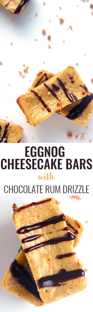 Eggnog Cheesecake Bars with a Chocolate Rum Drizzle - Oh my gosh! A simple and easy recipe that's perfect for holiday baking and a hit treat at Christmas parties. | thebewitchinkitchen.com