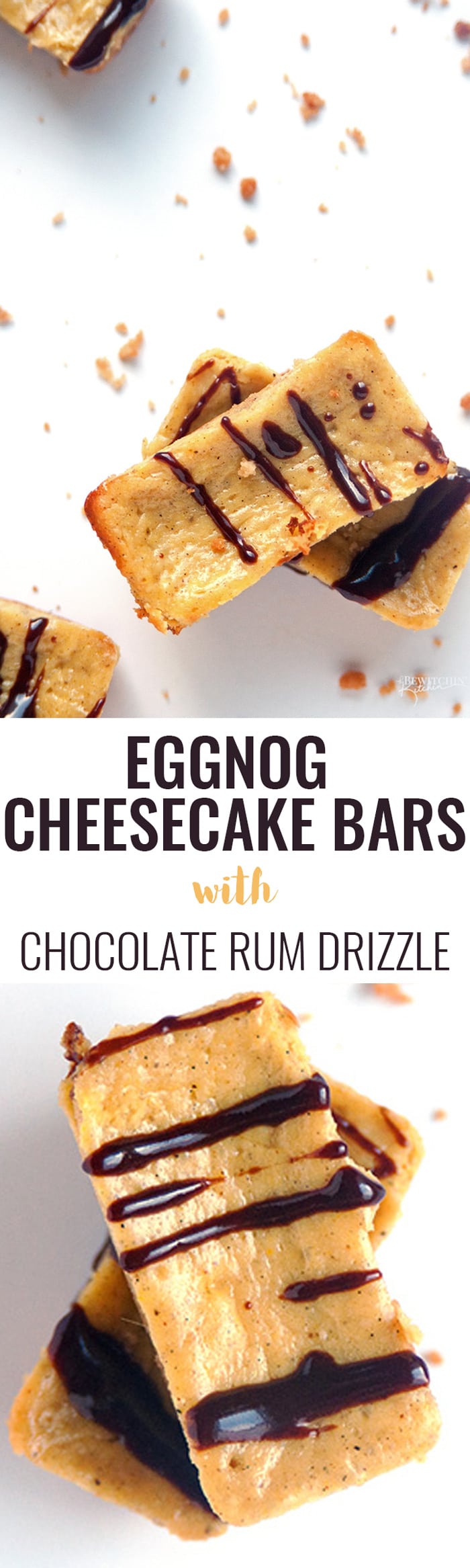 Eggnog Cheesecake Bars with a Chocolate Rum Drizzle - Oh my gosh! This recipe is simple and easy to make and is an Epicure favorite of mine. Perfect for Christmas parties| thebewitchinkitchen.com