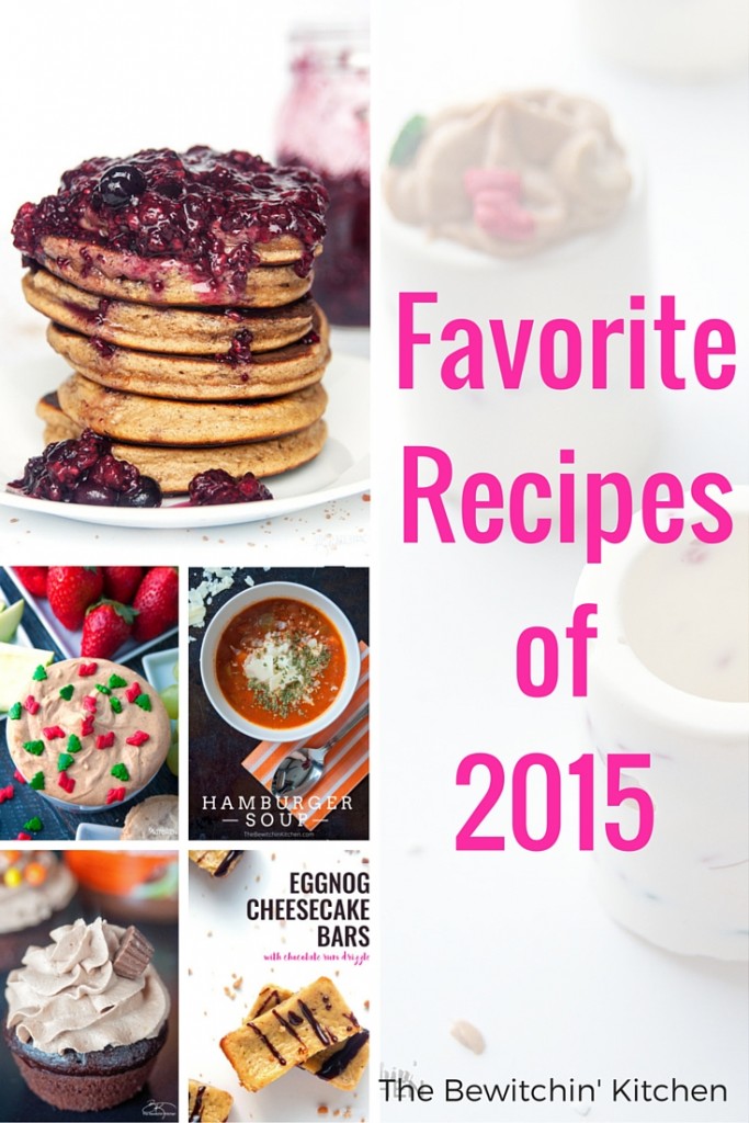 Favorite Recipes of 2015 found on The Bewitchin' Kitchen. PMS Buster Cupcakes, chocolate shot glasses, pulled pork quesadillas, carrot cake pancakes, caramel apple waffles and more delicious recipes.