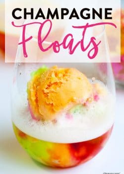 Champagne floats - this boozy dessert is a hit a for summer bbqs, brunches and New Years Eve parties. Sparkling wine and sherbert makes a delicious combination in this adult float with a rainbow twist. | thebewitchinkitchen.com