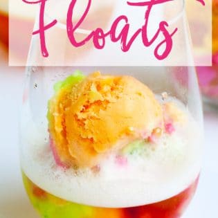 Champagne floats - this boozy dessert is a hit a for summer bbqs, brunches and New Years Eve parties. Sparkling wine and sherbert makes a delicious combination in this adult float with a rainbow twist. | thebewitchinkitchen.com