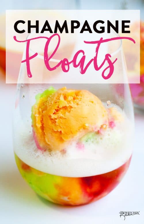 Champagne floats - this boozy dessert is a hit a for summer bbqs, brunches and New Years Eve parties. Sparkling wine and sherbert makes a delicious combination in this adult float with a rainbow twist. | thebewitchinkitchen.com