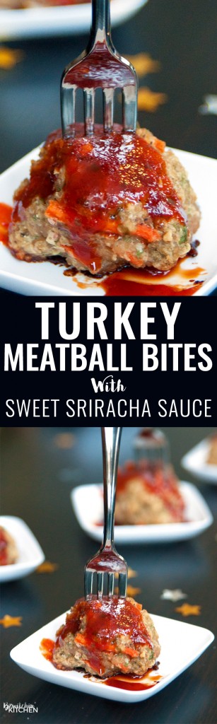 Turkey Meatball Bites. This appetizer is a great healthy party recipe or a delicious healthy dinner main dish. Ground turkey, hidden vegetables and a sweet sriracha sauce that has 75% LESS sugar. | thebewitchinkitchen.com