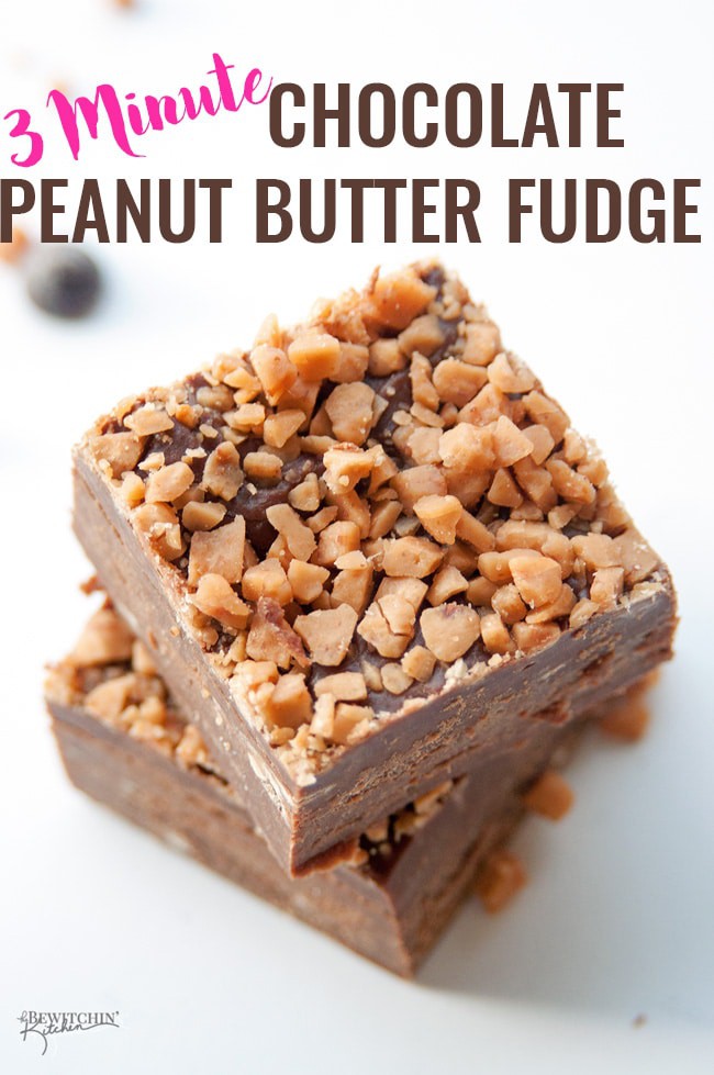 3 minute Chocolate Peanut Butter Fudge with a Crunchy Toffee Topping - this no bake dessert couldn't get any easier! Toss it in the microwave, top with Skor pieces, freeze and you're done! | thebewitchinkitchen.com