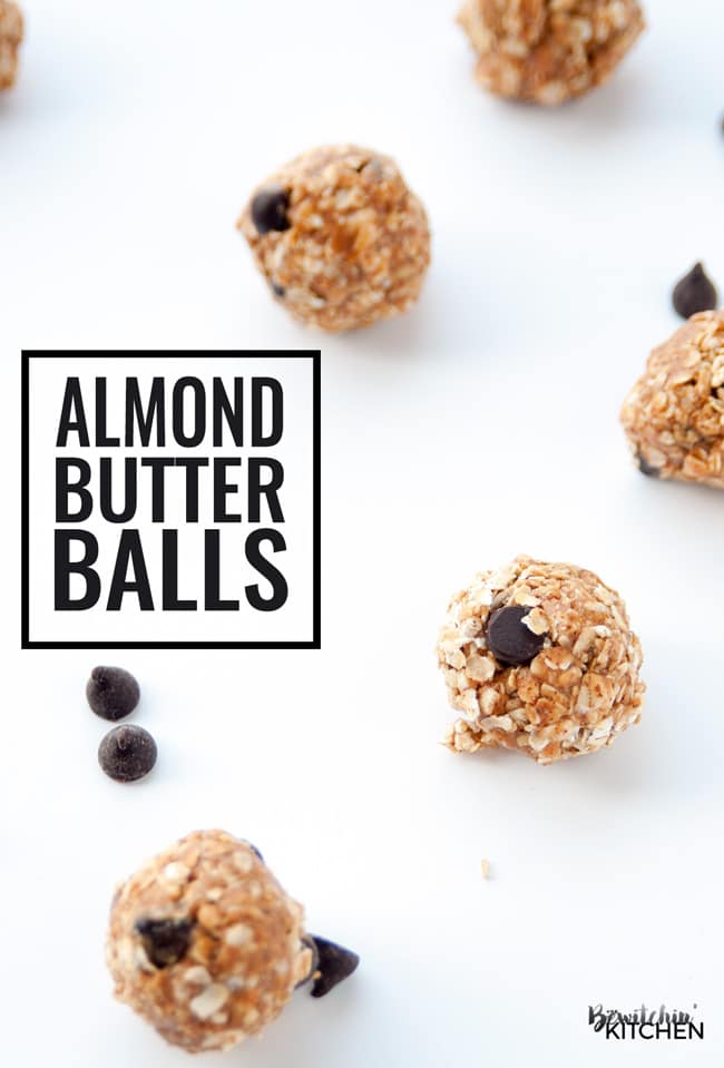 Almond Butter Balls recipe - this no bake dessert makes a healthy snack for kids of all ages. 4 ingredients: quick oats, dark chocolate chips, brown rice syrup and almond butter. | thebewitchinkitchen.com
