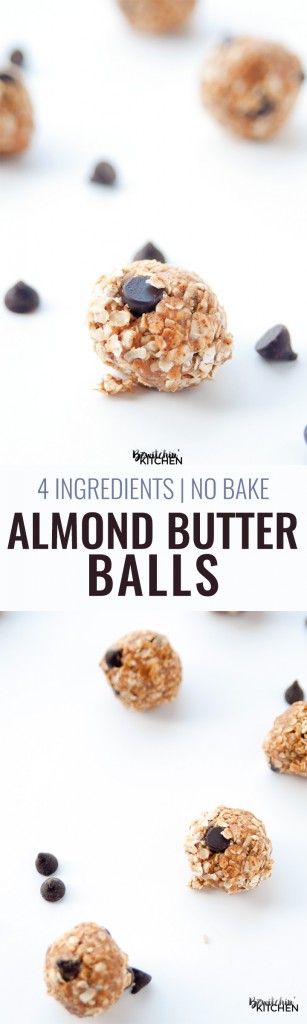 Almond Butter Balls recipe - this no bake dessert makes a healthy snack for kids of all ages. 4 ingredients: quick oats, dark chocolate chips, brown rice syrup and almond butter. | thebewitchinkitchen.com