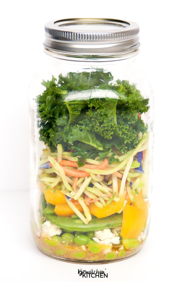 Super Salad - a great recipe for people who don't love salads. This clean eating mason jar salad is easy to prepare and is super yummy with the tangy vinaigrette. | thebewitchinkitchen.com