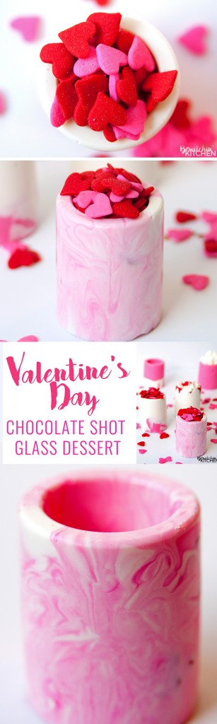 Easy Valentine's Day dessert idea: vanilla chocolate shot glasses. This no bake dessert uses Candy Melts and a shot glass mold. Perfect for kid's Valentine's parties. |thebewitchinkitchen.com