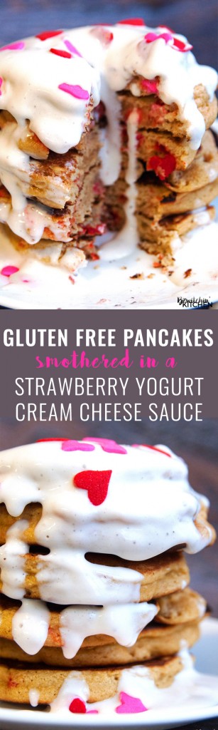 Gluten free pancakes smothered in a strawberry greek yogurt cream cheese sauce. This gluten free pancake recipe is so fluffy and yummy! A healthy breakfast packed with flavor. | thebewitchinkitchen.com