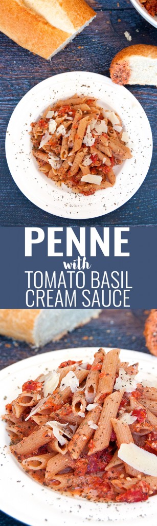 Penne with Tomato Basil Cream Sauce - this easy dinner recipe is perfect for pasta lovers! A healthy creamy tomato sauce on top of whole wheat pasta, a perfect hearty but healthy dinner. | thebewitchinkitchen.com