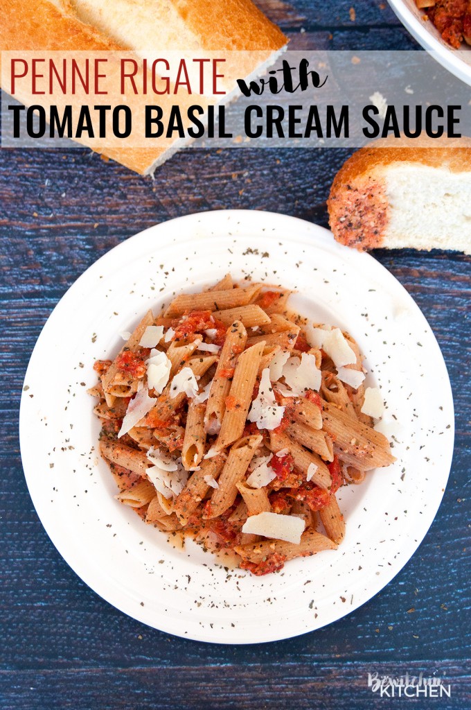 Penne with Tomato Basil Cream Sauce - this easy dinner recipe is perfect for pasta lovers! A healthy creamy tomato sauce on top of whole wheat pasta, a perfect hearty but healthy dinner. | thebewitchinkitchen.com