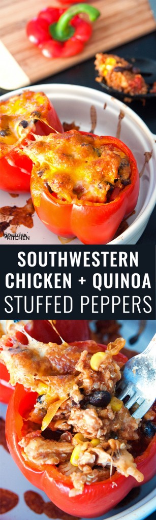 Southwestern Chicken and Quinoa Stuffed Peppers - this healthy chicken stuffed peppers recipe is super yummy, fast and easy. It's a great source of protein, fibre and vegetables. | thebewitchinkitchen.com