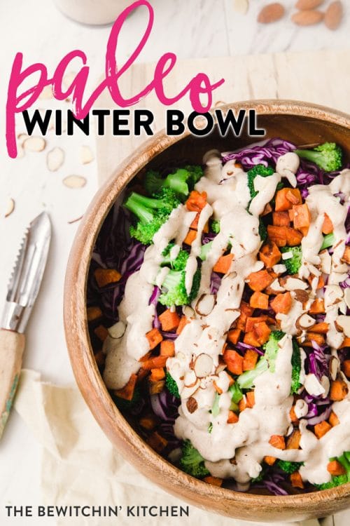 This paleo winter bowl recipe has roasted sweet potato, broccoli, finely shredded red cabbage, pulled together with a creamy vegan almond and honey dressing. Serve as a side dish or add some chicken or tofu for a healthy lunch or dinner. 