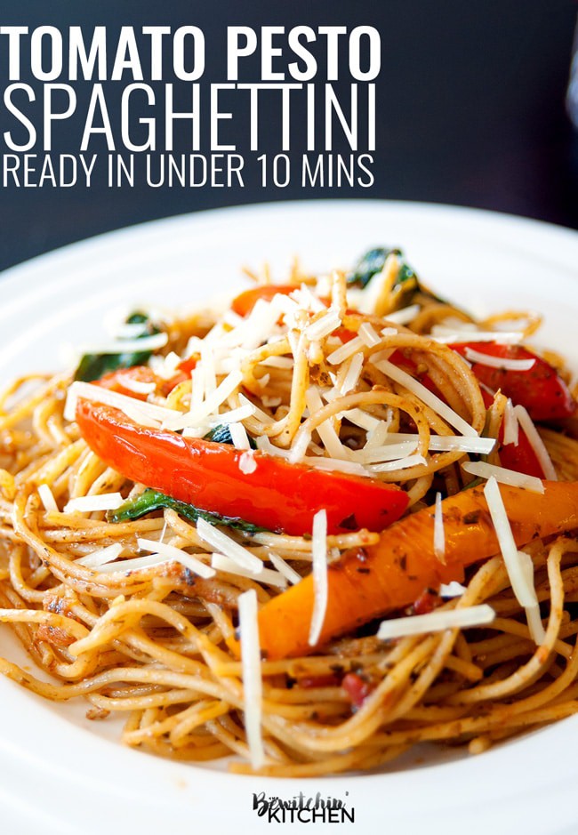 Tomato Pesto Spaghettini - this easy pasta recipe is loaded with hidden veggies and is an under 10 minute dinner! I love quick and easy dinner recipes! | thebewitchinkitchen.com