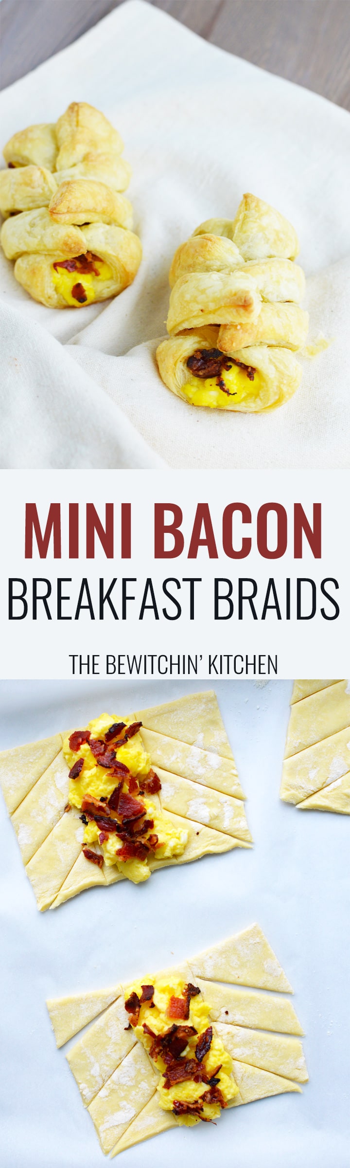 Mini Bacon Breakfast Braids - this egg and bacon recipe is a brunch hit. Using puff pastry, bacon and eggs plus any fill ins you want. This also makes a great baby shower recipe or can be used as a bridal shower recipe. | thebewitchinkitchen.com