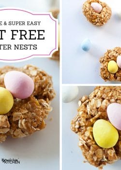 Nut Free Easter Nest Bites - this no bake dessert is such an easy recipe. Quick oats, brown rice syrup, candy coated chocolate eggs (Mini Eggs or Eggies) and sunflower seed butter. | thebewitchinkitchen.com