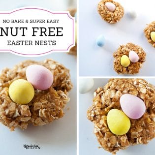 Nut Free Easter Nest Bites - this no bake dessert is such an easy recipe. Quick oats, brown rice syrup, candy coated chocolate eggs (Mini Eggs or Eggies) and sunflower seed butter. | thebewitchinkitchen.com