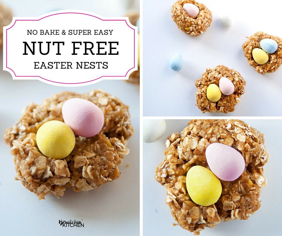 Nut Free Easter Nest Bites - this no bake dessert is such an easy recipe. Quick oats, brown rice syrup, candy coated chocolate eggs (Mini Eggs or Eggies) and sunflower seed butter. | thebewitchinkitchen.com