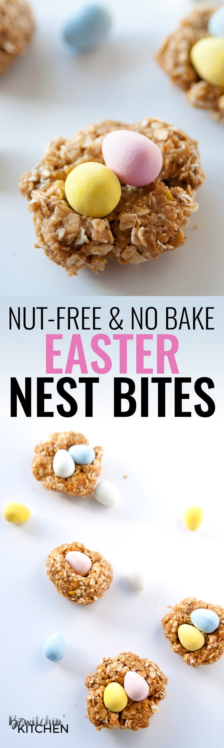 Nut Free Easter Nest Bites - this no bake dessert is such an easy recipe. Quick oats, brown rice syrup, candy coated chocolate eggs (Mini Eggs or Eggies) and sunflower seed butter. | thebewitchinkitchen.com