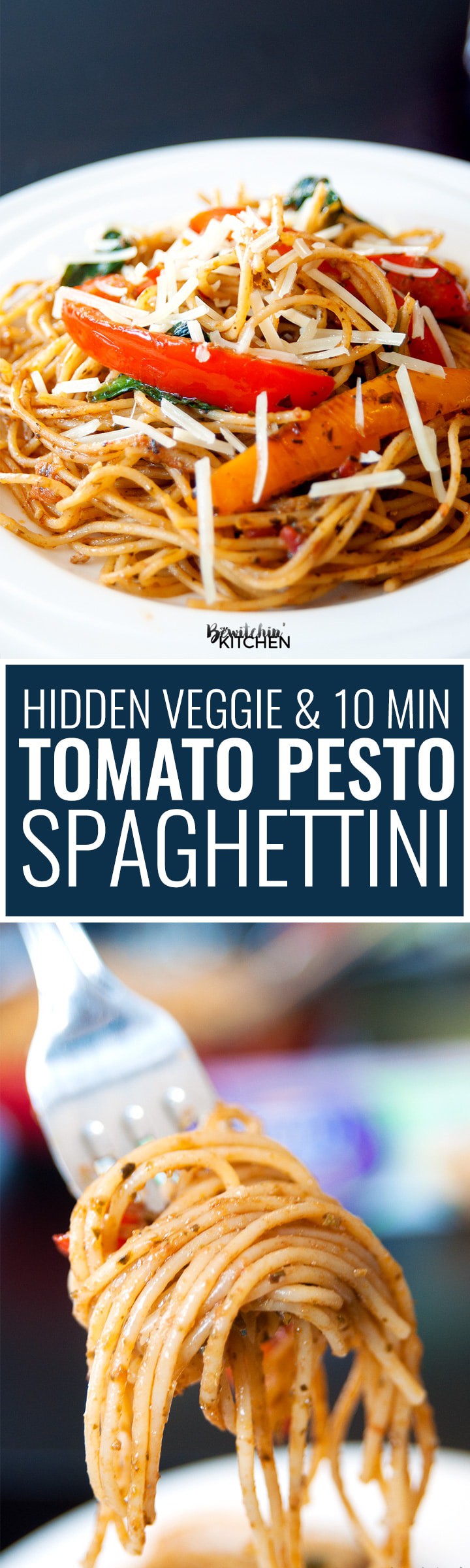 Tomato Pesto Spaghettini - this easy pasta recipe is loaded with hidden veggies and is an under 10 minute dinner! I love quick and easy dinner recipes! | thebewitchinkitchen.com