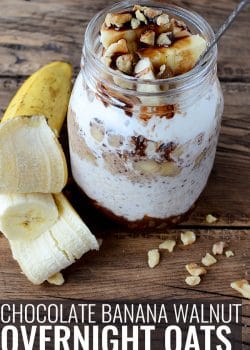 Chocolate Banana Walnut Overnight Oats - This healthy overnight oats recipe has yogurt, chia, bananas, walnuts and chocolate. It's a healthy breakfast with a bit of decadence. An easy meal prep morning treat. | thebewitchinkitchen.com