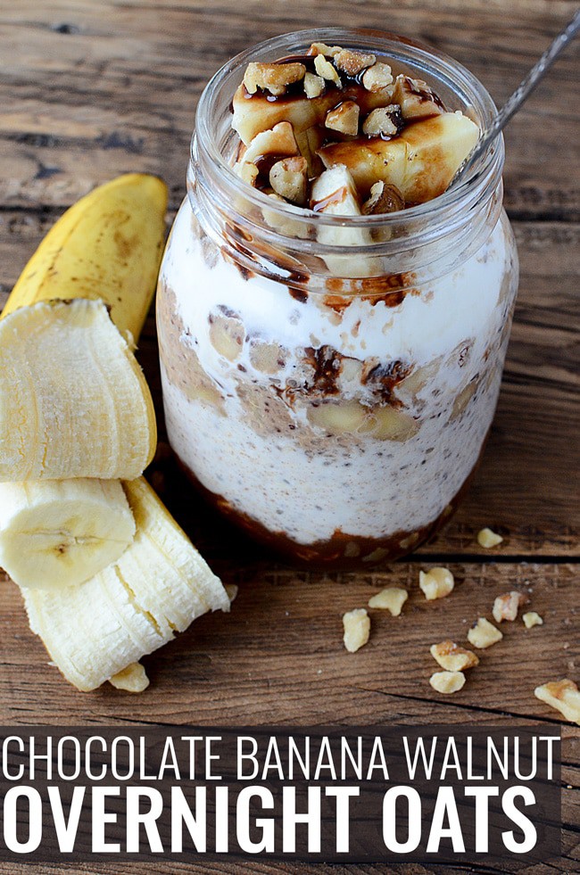 Chocolate Banana Walnut Overnight Oats - This healthy overnight oats recipe has yogurt, chia, bananas, walnuts and chocolate. It's a healthy breakfast with a bit of decadence. An easy meal prep morning treat. | thebewitchinkitchen.com