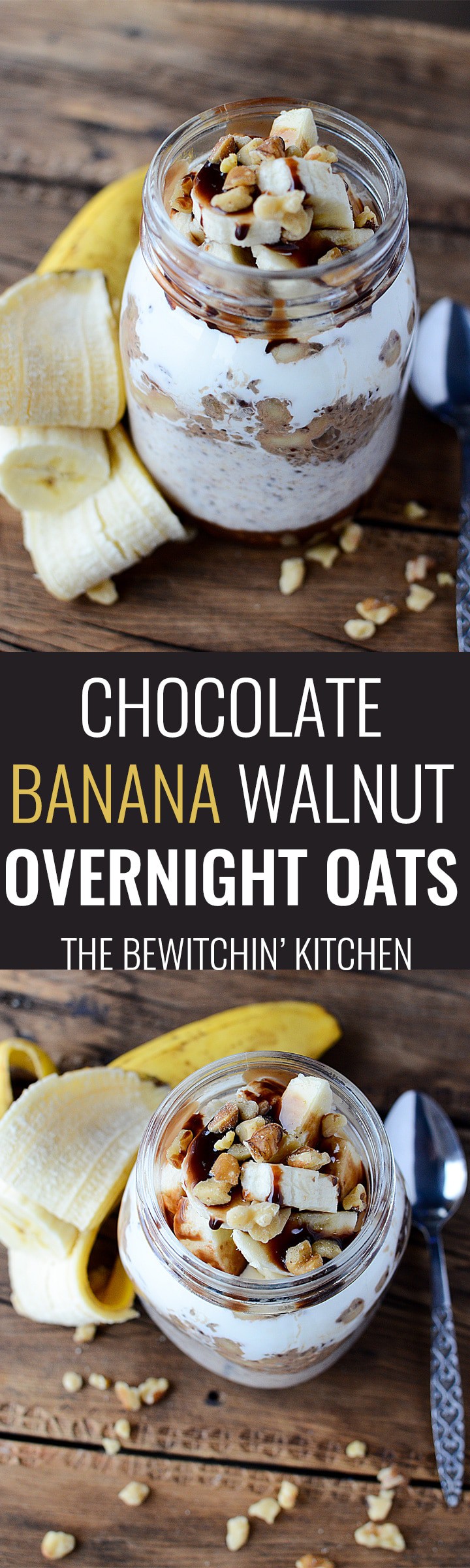 Chocolate Banana Walnut Overnight Oats - This healthy overnight oats recipe has yogurt, chia, bananas, walnuts and chocolate. It's a healthy breakfast with a bit of decadence. An easy meal prep morning treat. | thebewitchinkitchen.com