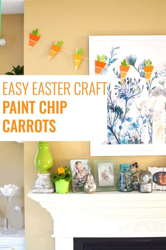 Paint Chip Craft: Spring Carrots. This Easter craft is so simple and cheap! Grab free paint chips from your local hardware store and string them up. It's an easy craft and a cute DIY! Gotta love easy paint chip crafts.