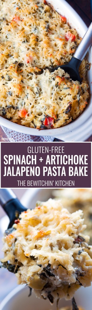 Spinach Artichoke Jalapeno Bake. This gluten free spinach artichoke pasta recipe is the ultimate comfort food. Mac and cheese meets spinach and artichoke dip, topped with parmesan and jalapenos. | thebewitchinkitchen.com