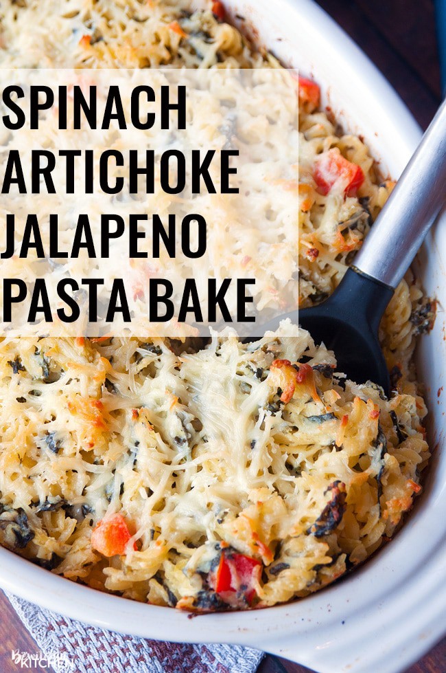 Spinach Artichoke Jalapeno Bake. This gluten free spinach artichoke pasta recipe is the ultimate comfort food. Mac and cheese meets spinach and artichoke dip, topped with parmesan and jalapenos. | thebewitchinkitchen.com 
