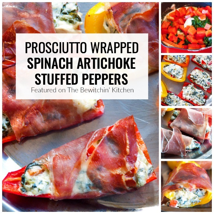 Spinach artichoke stuffed peppers wrapped in prosciutto. Add this to your appetizer recipes. Spinach dip, bell peppers, prosciutto - it sounds like heaven. It has a little kick from jalapenos too. The perfect party food recipe. | thebewitchinkitchen.com