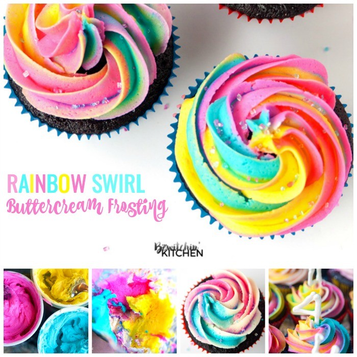 collage of rainbow swirl buttercream frosting