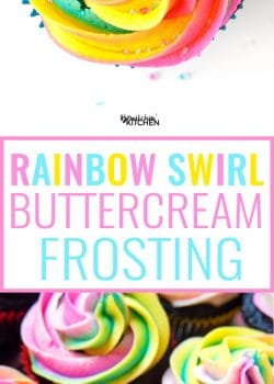 This rainbow swirl buttercream frosting brings a huge pop of color to cupcakes and cakes for birthday parties or any cake recipe. Such a pretty dessert and the rainbow frosting is so easy to do. An easy how to pipe a rainbow swirl tutorial. | thebewitchinkitchen.com