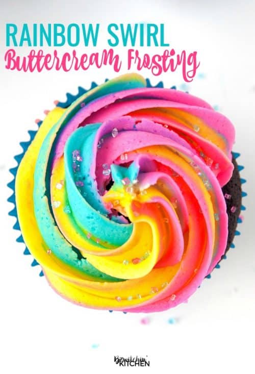 This rainbow swirl buttercream frosting brings a huge pop of color to cupcakes and cakes for birthday parties or any cake recipe. Such a pretty dessert and the rainbow frosting is so easy to do. An easy how to pipe a rainbow swirl tutorial. | thebewitchinkitchen.com