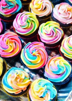 This rainbow swirl buttercream frosting brings a huge pop of color to cupcakes and cakes for birthday parties or any cake recipe. Such a pretty dessert and the rainbow frosting is so easy to do. An easy how to pipe a rainbow swirl tutorial. | thebewitchinkitchen.com
