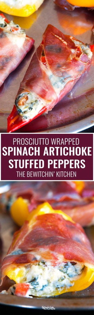 Spinach artichoke stuffed peppers wrapped in prosciutto. Add this to your appetizer recipes. Spinach dip, bell peppers, prosciutto - it sounds like heaven. It has a little kick from jalapenos too. The perfect party food recipe. | thebewitchinkitchen.com