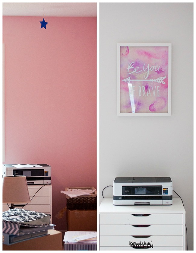 Pink and gold home office makeover reveal. Paint color used is CIL Barley Beige, it's a beautiful greige color. It's so bright and clean!