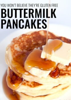 a stack of gluten free buttermilk pancakes with butter and maple syrup