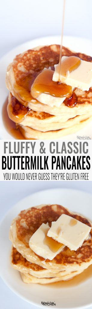 Gluten Free Buttermilk Pancakes. You will not believe that these fluffy buttermilk pancakes are gluten free. This classic breakfast recipe leaves your tummy's full and your home smelling amazing. | thebewitchinkitchen.com